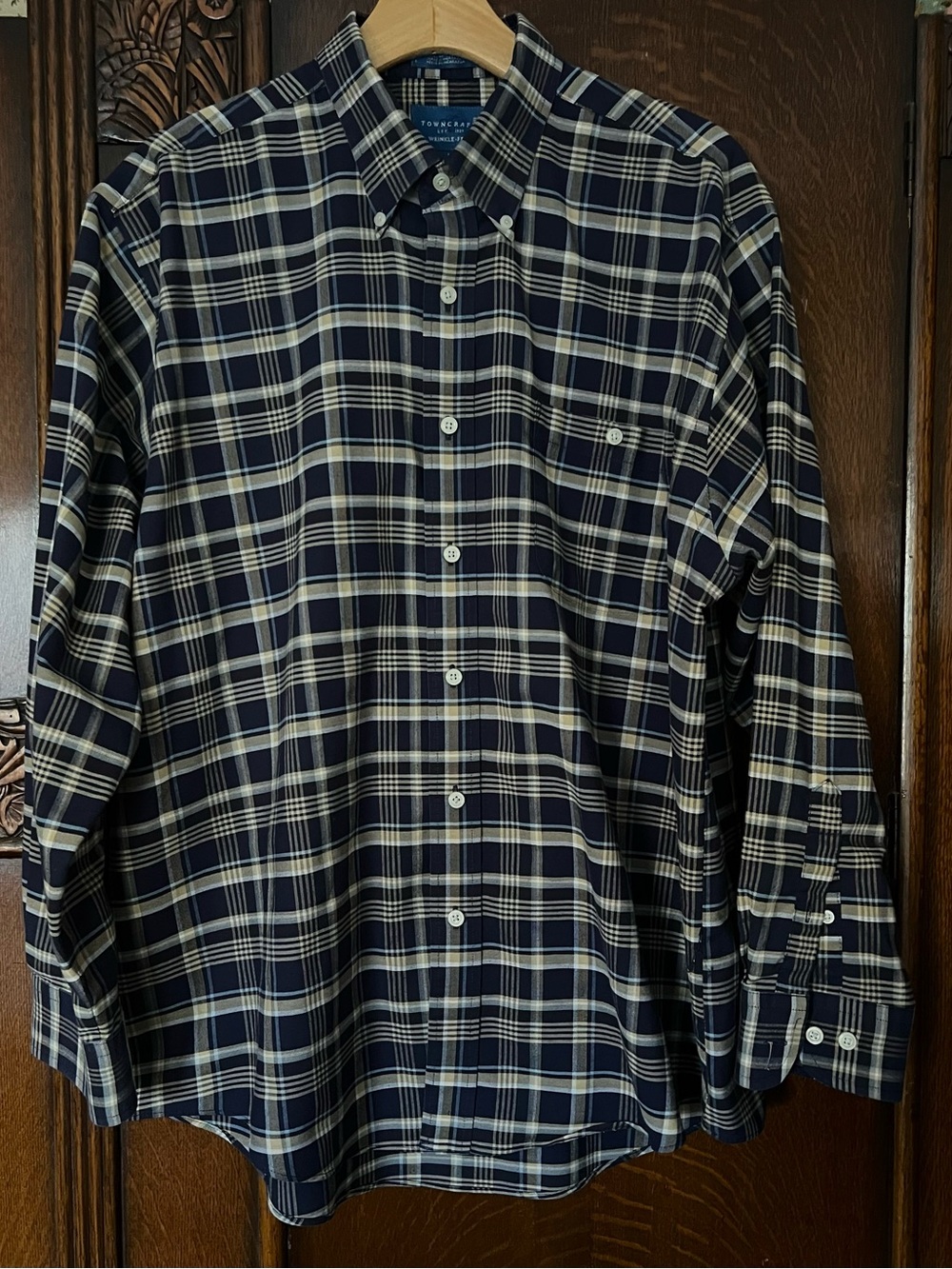 Towncraft Navy and Cream Plaid Button-Down Shirt